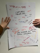 Learners’ hands holding their mind maps about the prompts from step 1.1. Photo: Marte Maurabakken/Climate Creativity.