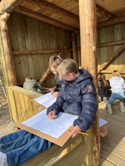 Learners in the outdoors, brainstorming their personal stories together in pairs. One learner is holding a small rock in their hand. A teacher is talking with one of the learners. A learner holds up a pen together with a cone they found while brainstorming. Photo: Marte Maurabakken/Climate Creativity. 